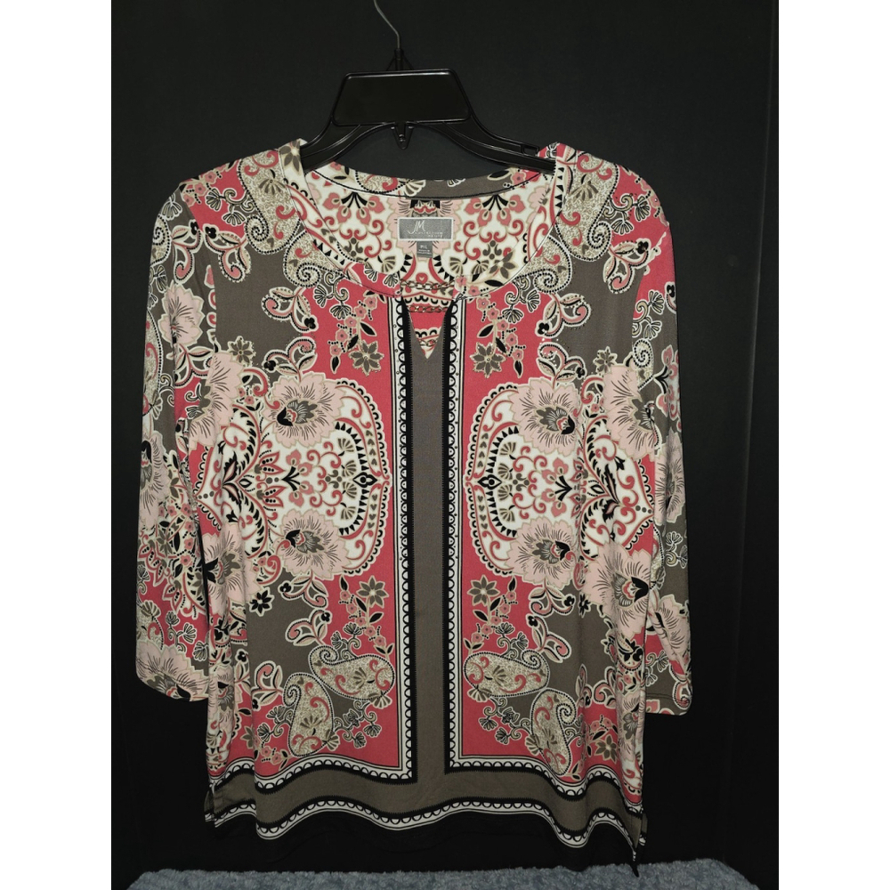 JM Collection Top Womens Large Pink Cream Floral Long Sleeve Studded Artsy